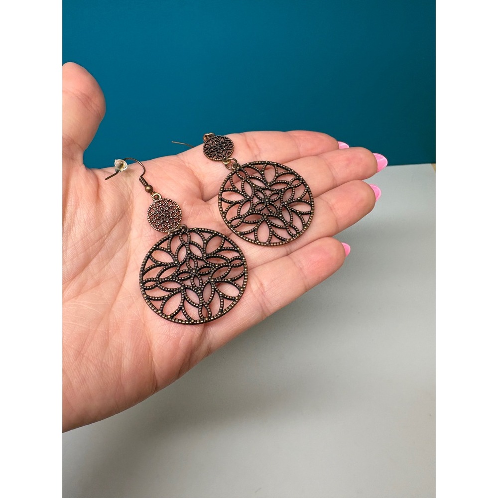 Antique‎ Bronze Mandala Filigree Drop Earrings Boho Geometric Round Dangle